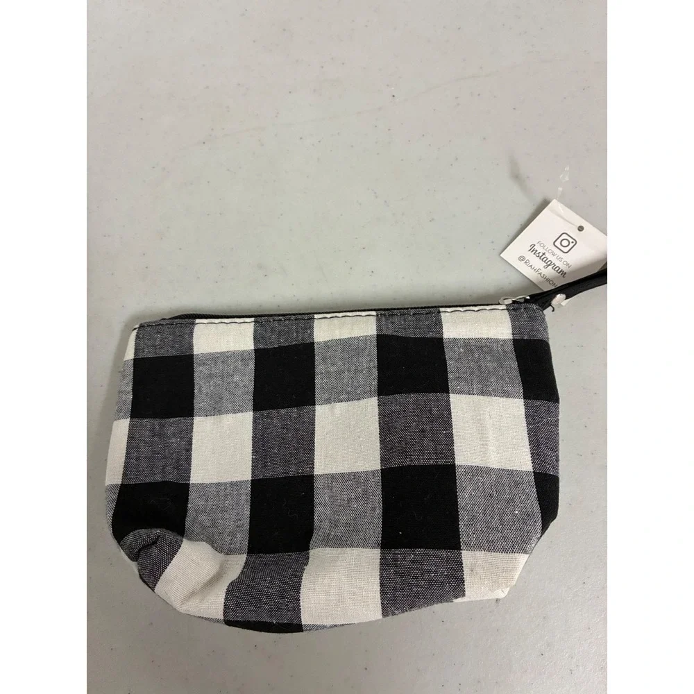 Design by Riah Handmade Buffalo Plaid Canvas Pouch‎ Black White Zipper Bag new